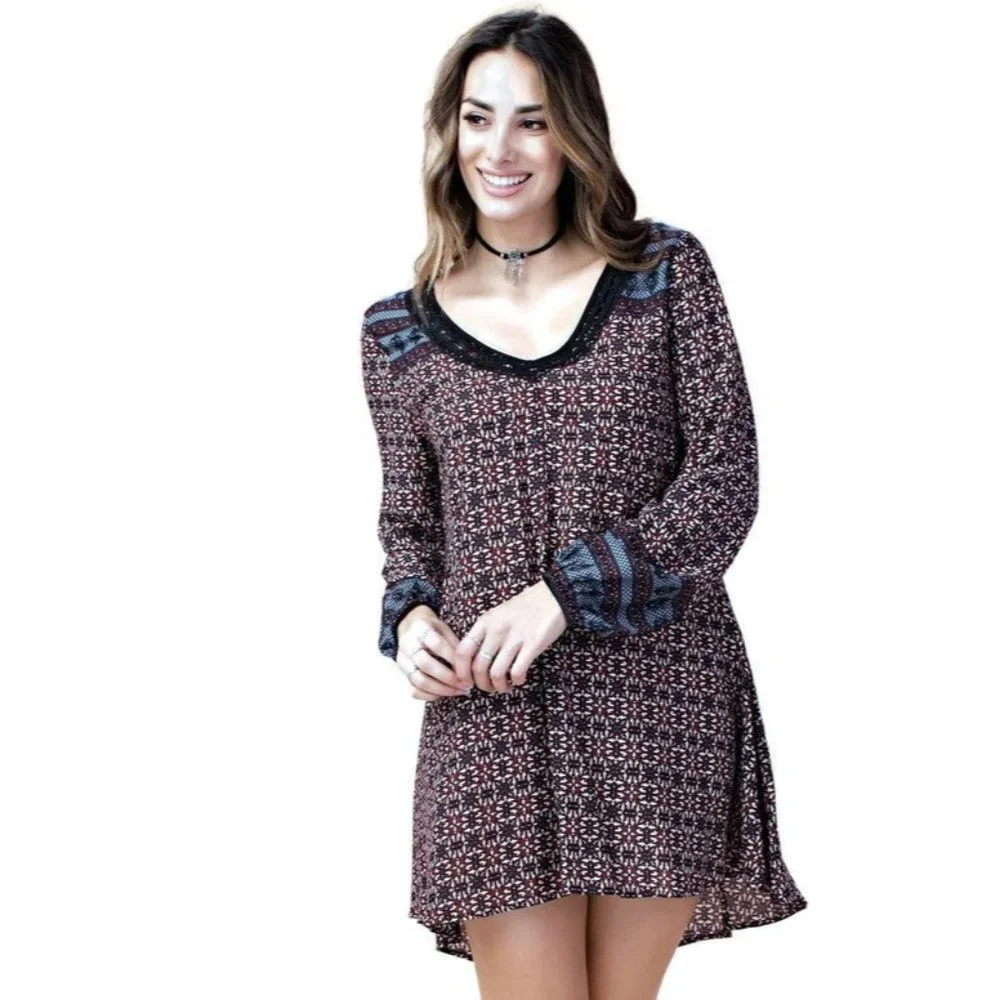 Kori America Border Print Swing Dress, Maroon - Picture 2 of 4